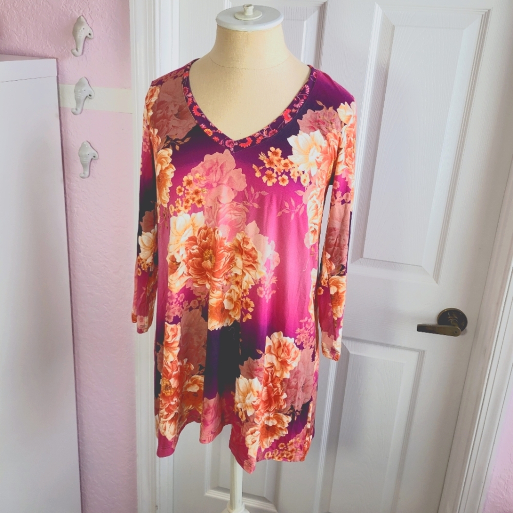 Johnny Was Carina V Neck Swing Tunic Tee T-Shirt XS Floral Print  Soft $160 Boho